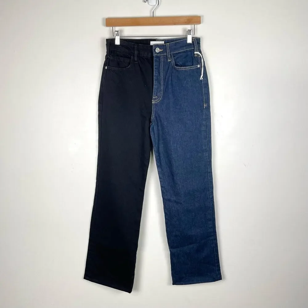 Frame NWT Le Jane High Rise Straight Leg Two Tone Colorblock Jeans Dell Noir 25